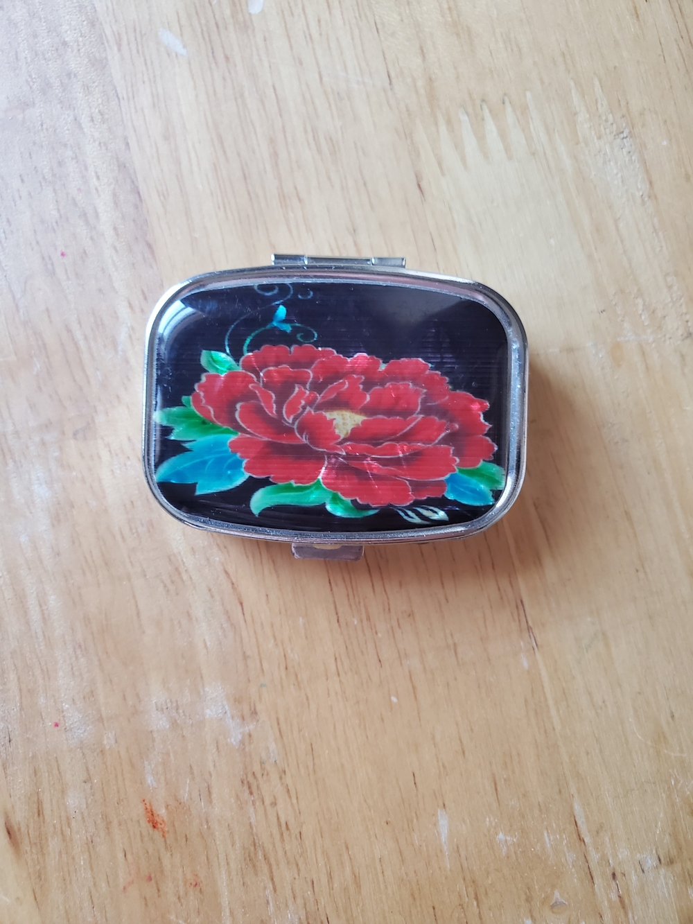 Hand-Painted Enamal Floral Pill Box - Red Flower